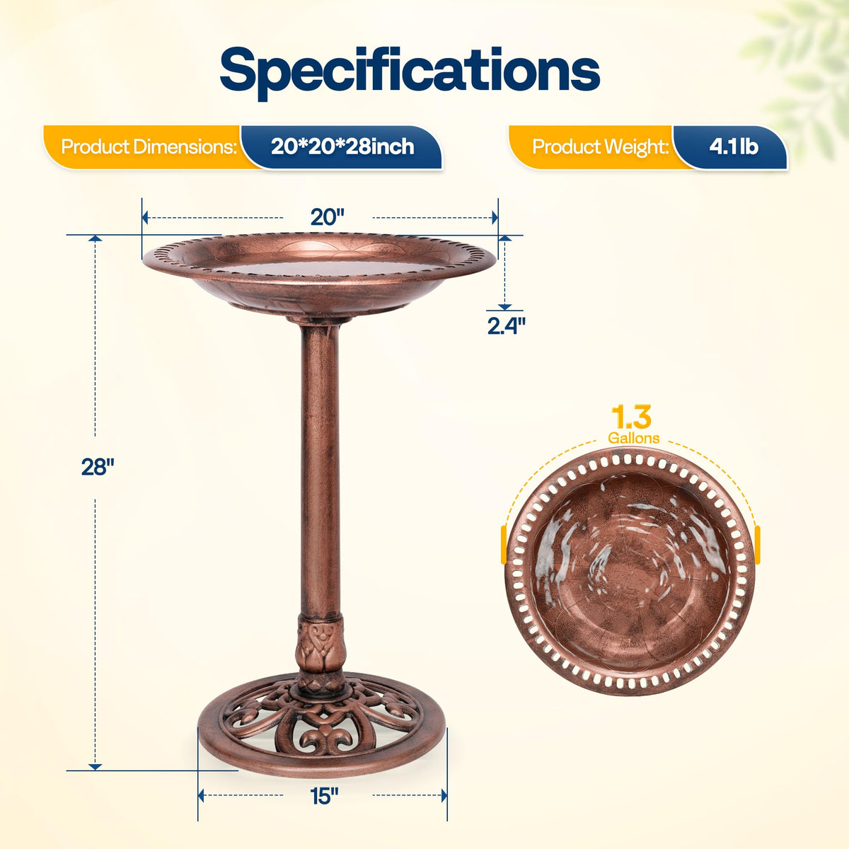 Weather-resistant antique bronze coating protects the VIVOHOME bird bath outdoors