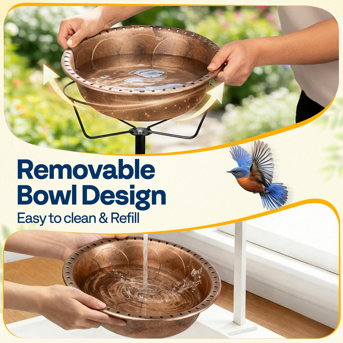 VIVOHOME bird bath with 4-prong base stabilizing against larger birds