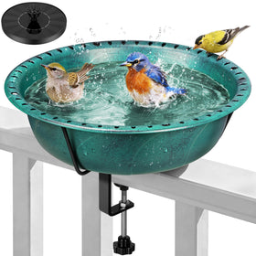 VIVOHOME deck-mounted bird bath with solar fountain on railing feature.
