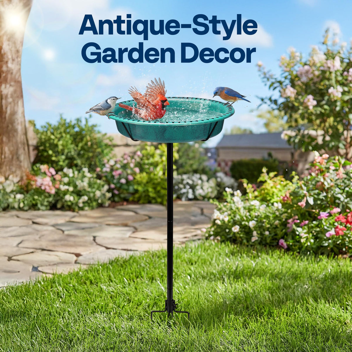 VIVOHOME ground-stake bird bath offers stable support on lawn or garden