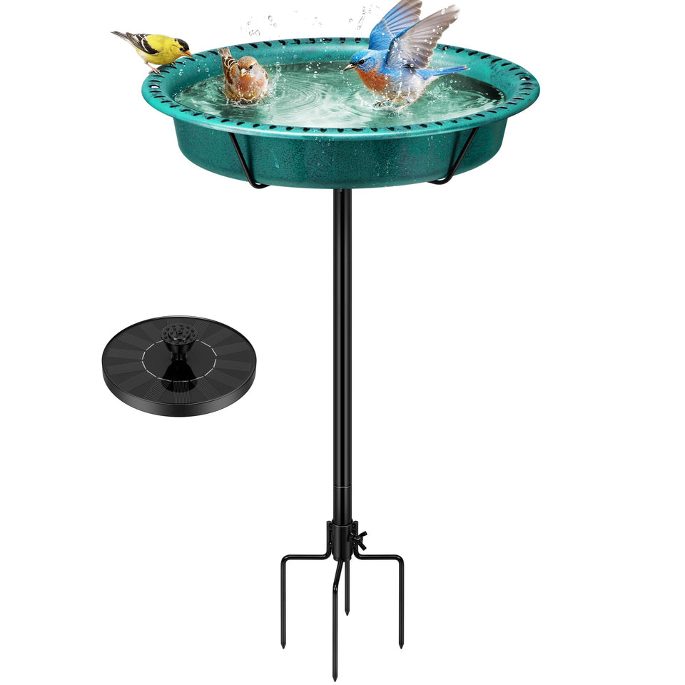 VIVOHOME oval bird bath with solar fountain in a sunlit garden attracts visiting birds for hydration.