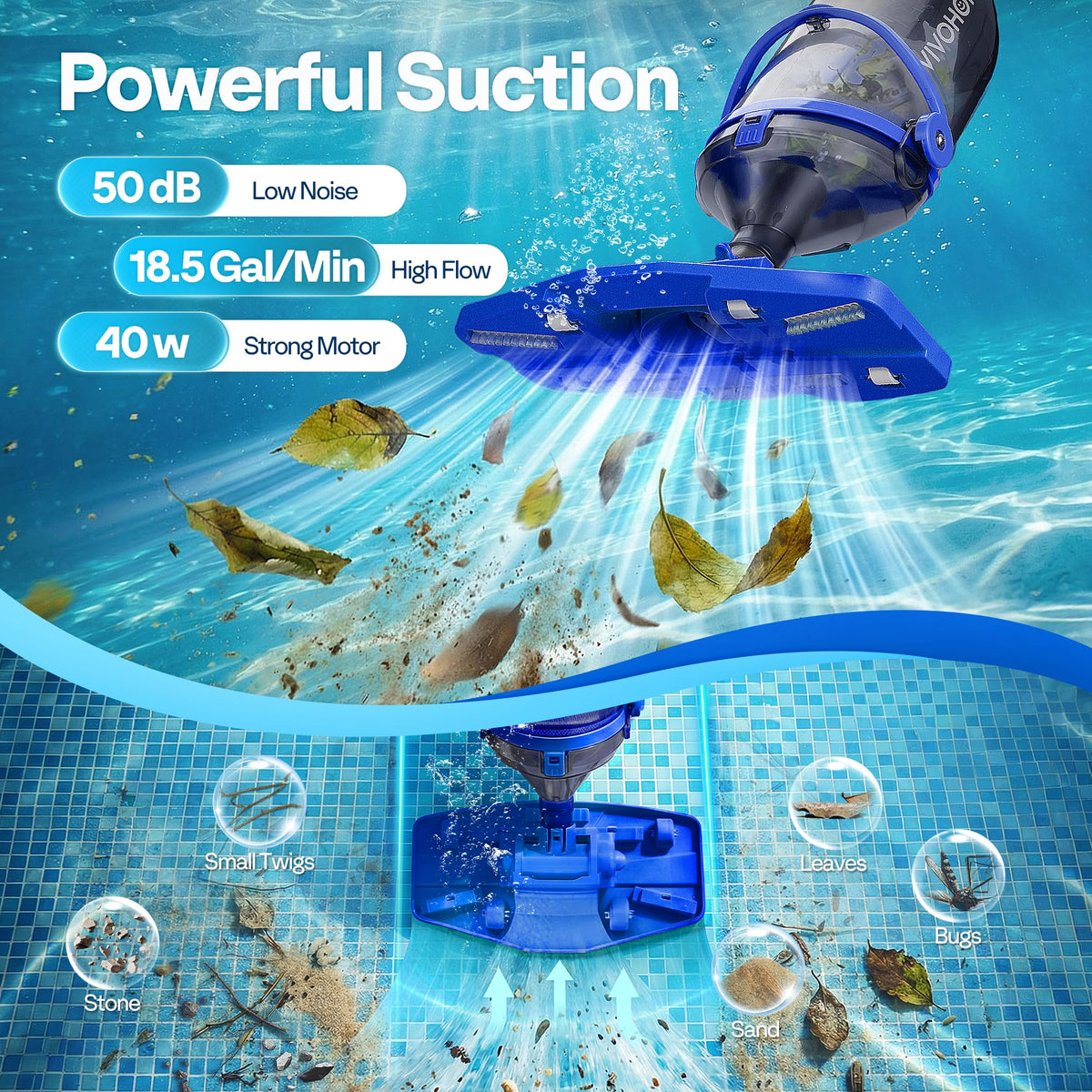 VIVOHOME pool vacuum delivers up to 60 minutes of runtime on one charge