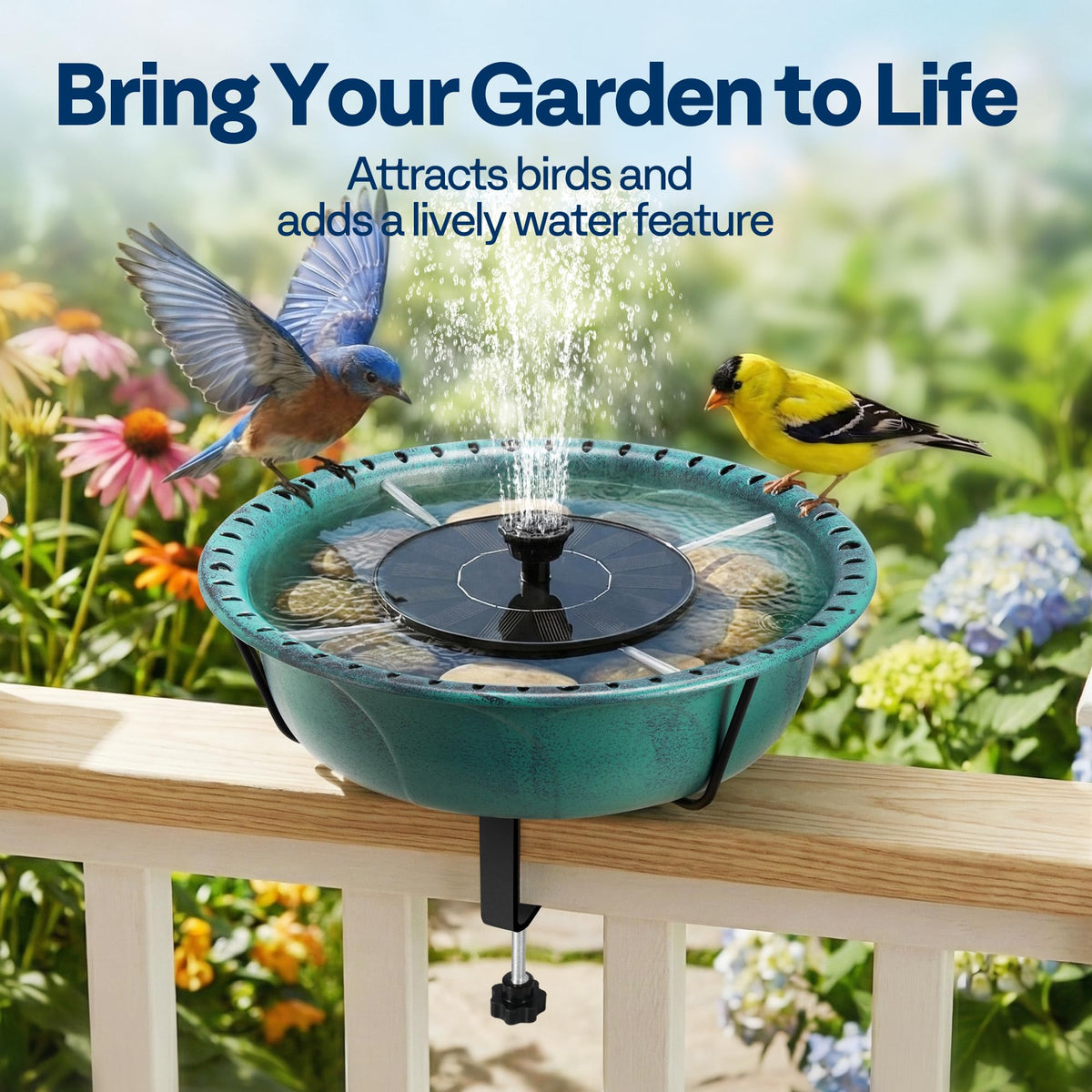 Stabilized bird bath mounted with rail clamps for secure outdoor use.