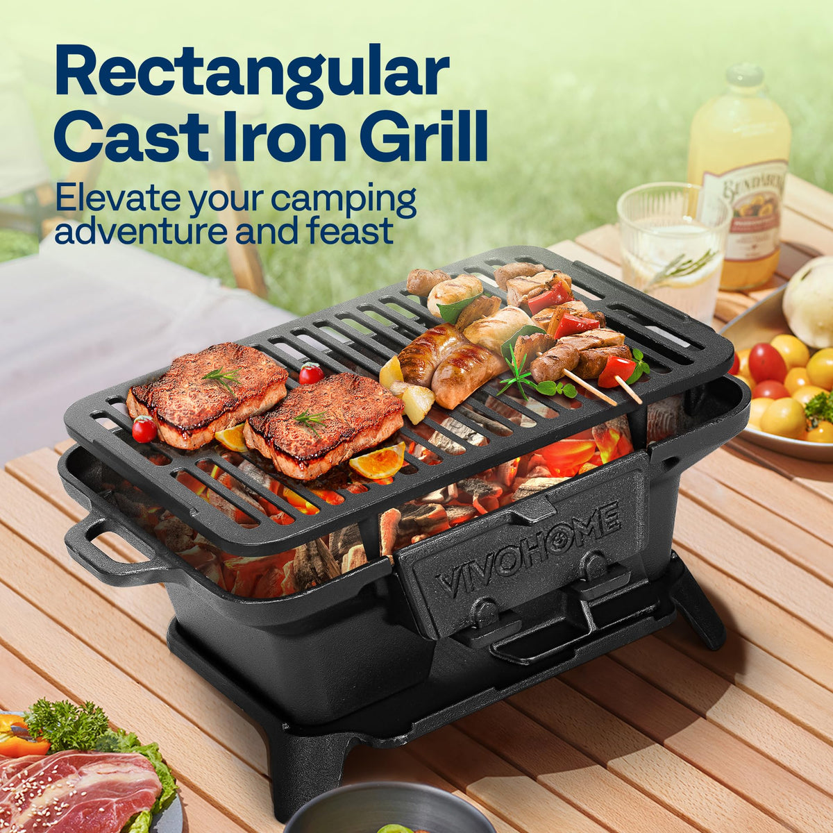 VIVOHOME double-sided grate highlights adjustable height for searing and slow cooking.