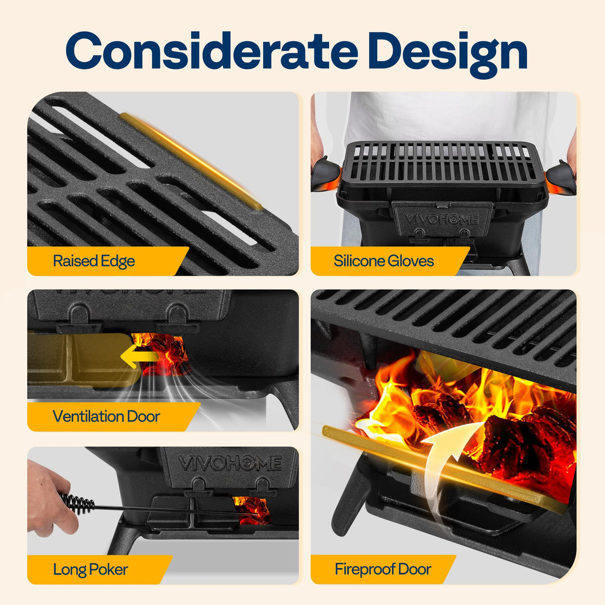 VIVOHOME portable grill with three legs is easy to transport.