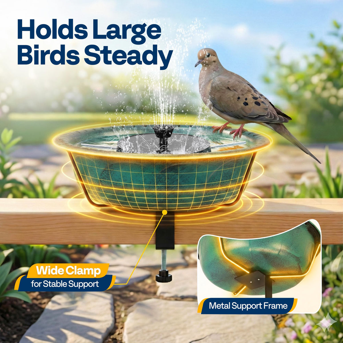 Rust-resistant metal frame supports outdoor durability and stability.