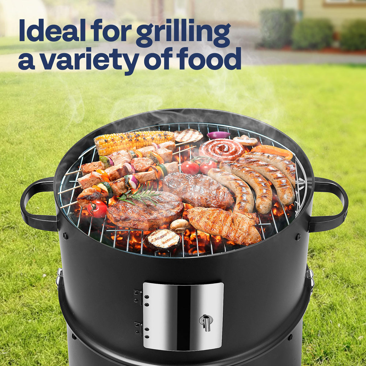 VIVOHOME smoker built-in thermometer improves temperature control during cooking.