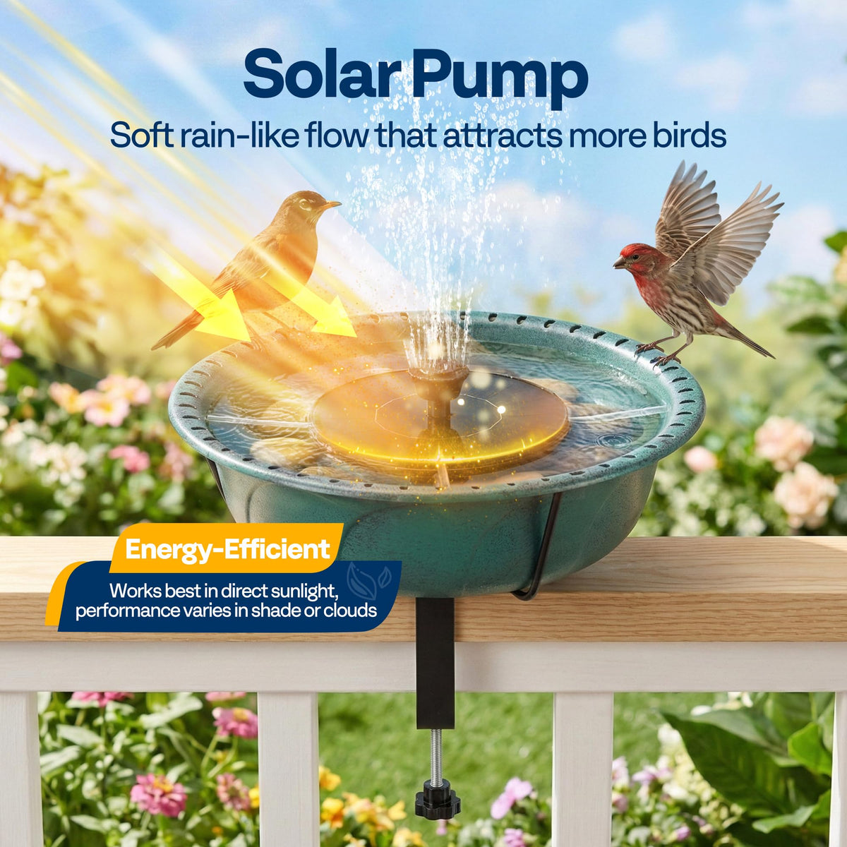 Solar fountain with three nozzles creating gentle water sprays.