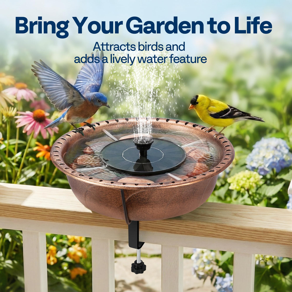VIVOHOME solar pump with 3 nozzles delivering gentle sprays to attract birds