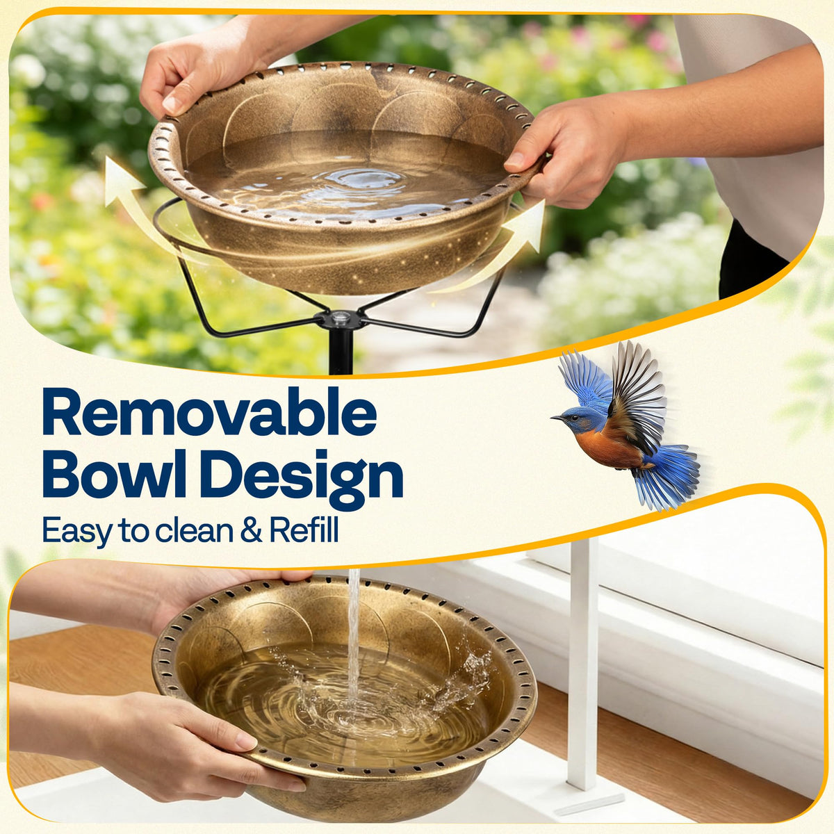 VIVOHOME solar-pump with three nozzles delivers soft, bird-friendly sprays.