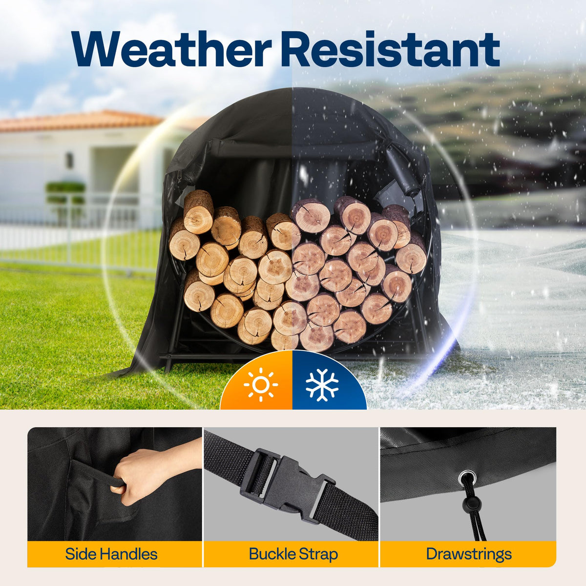VIVOHOME weather-resistant cover with drawstring secures outdoor firewood