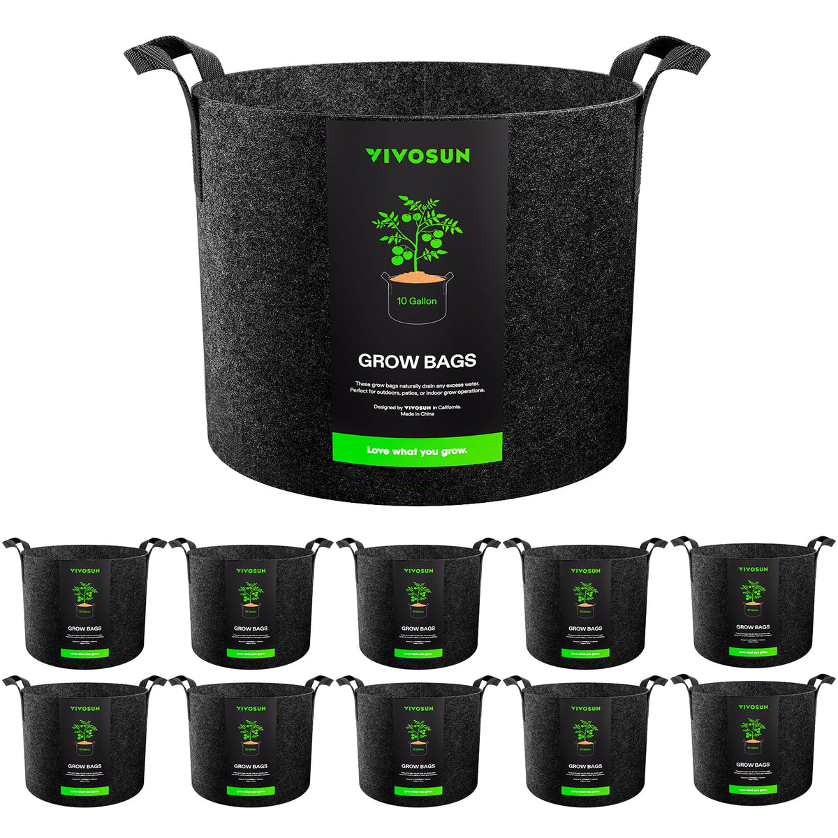VIVOSUN 10-pack grow bags pack shot; versatile 10-gallon planters for gardens.