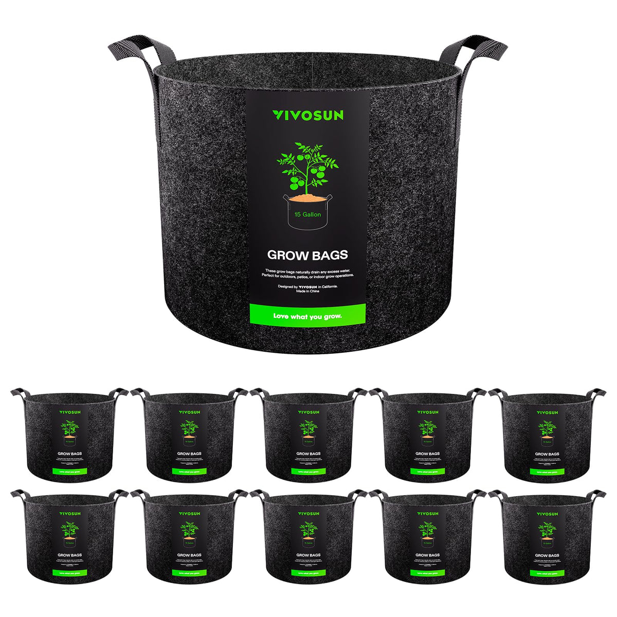 VIVOSUN 10-pack 15-gallon grow bags stacked for space-saving gardening.