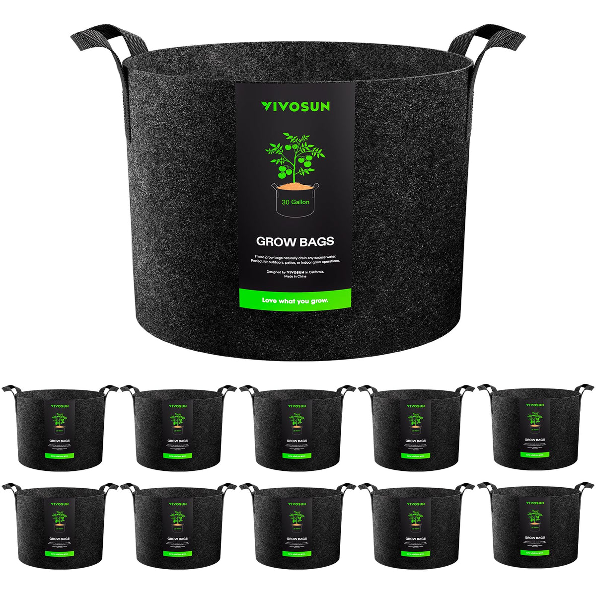 VIVOSUN 10-pack 30-gallon grow bags stacked for storage and setup.
