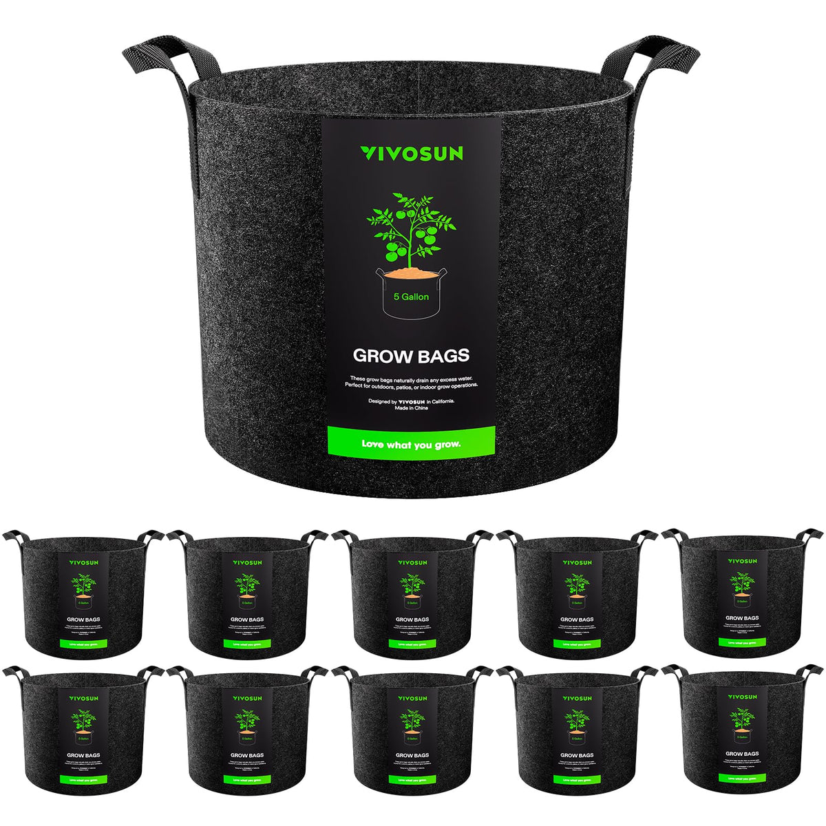 VIVOSUN 10-pack 5-gallon grow bags pack for easy setup and transport.