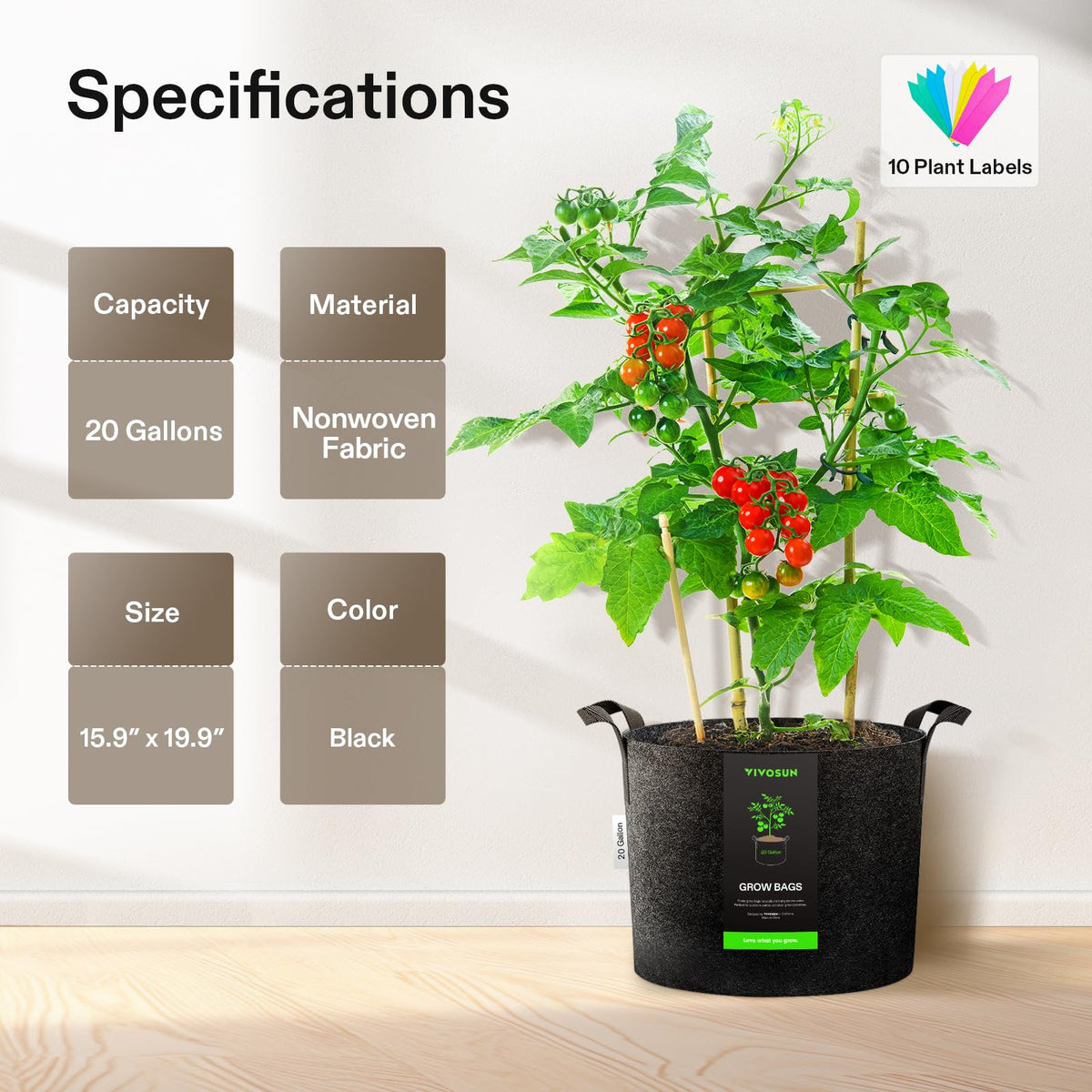 VIVOSUN 20-gallon grow bag drainage close-up demonstrates breathable fabric supporting root health.