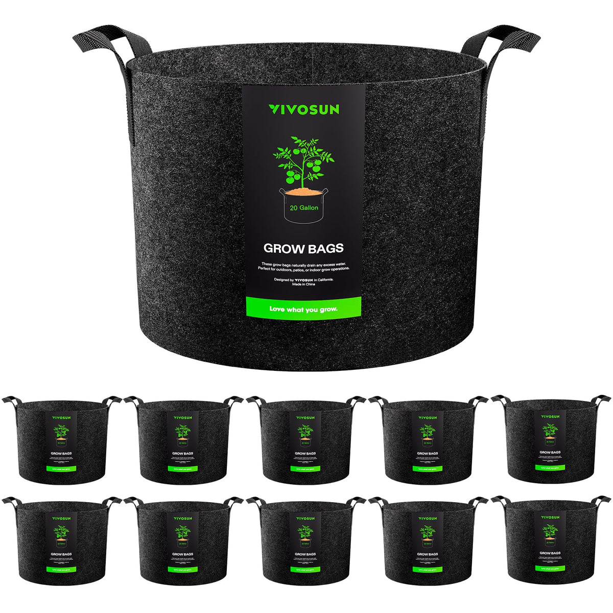 VIVOSUN 20-gallon grow bag with reinforced stitched handles for easy transport.