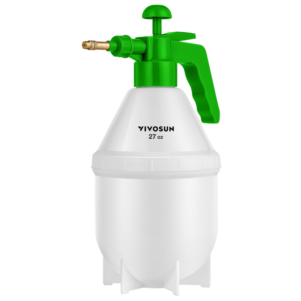 VIVOSUN 27oz pump sprayer in action for garden plants and indoor cleaning.