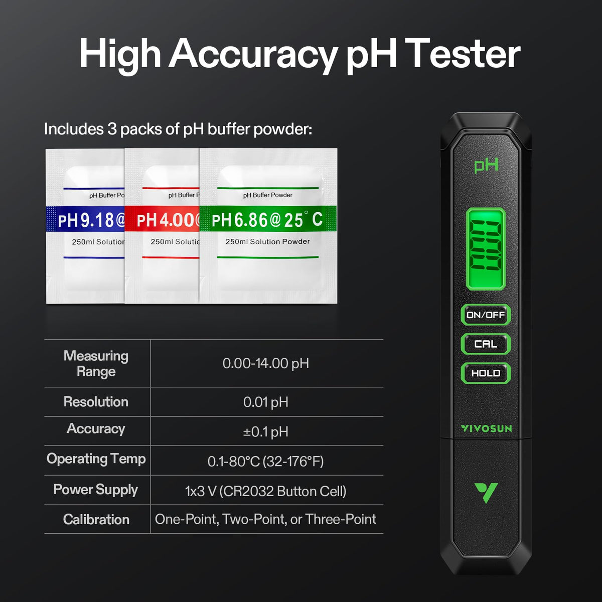 VIVOSUN 3-in-1 soil tester showing moisture, light, and pH modes.