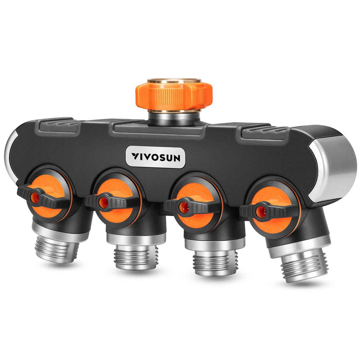 VIVOSUN 4-way hose splitter in use directing water to multiple hoses