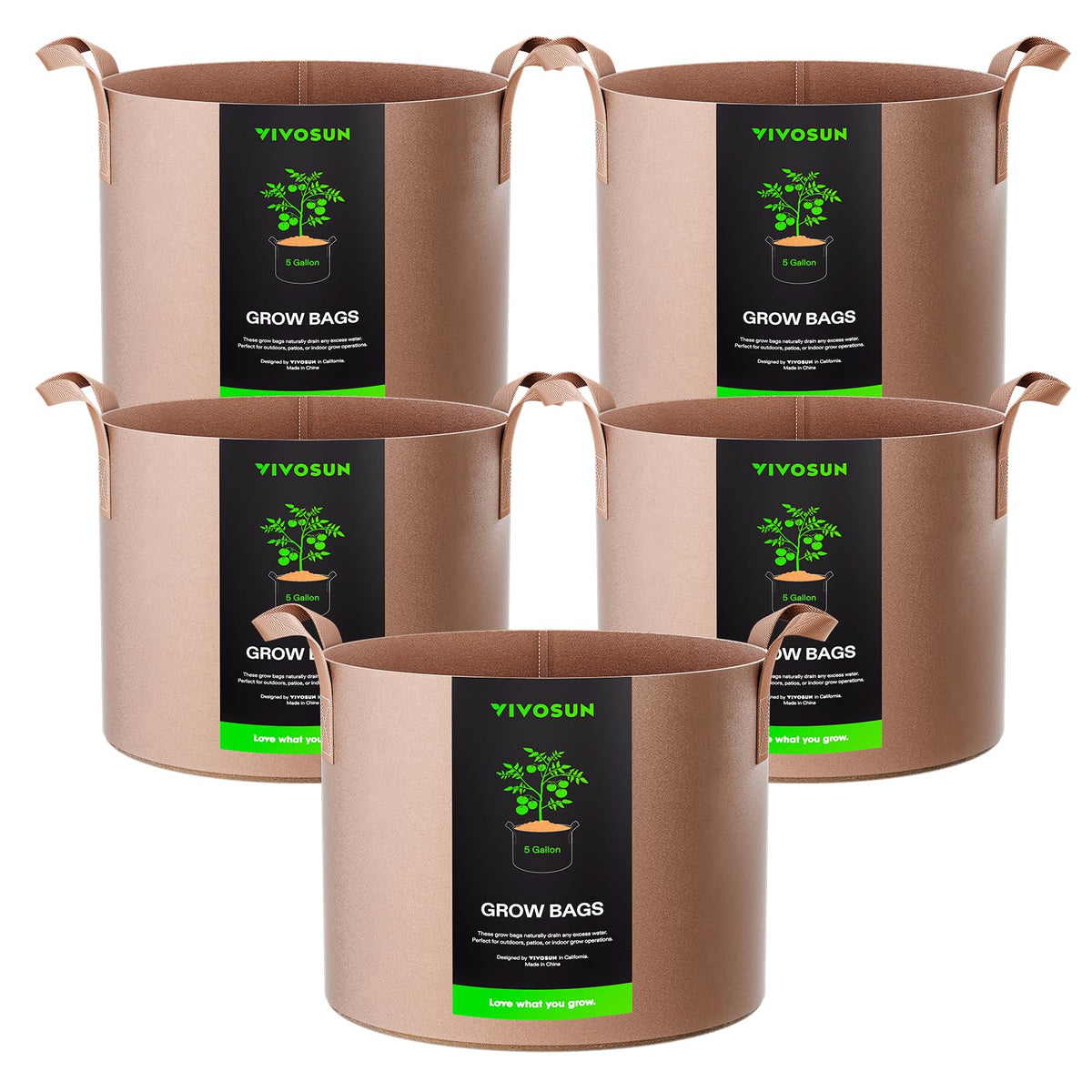 VIVOSUN 5-gallon grow bag with heavy-duty nonwoven fabric for durable planting and easy lifting.