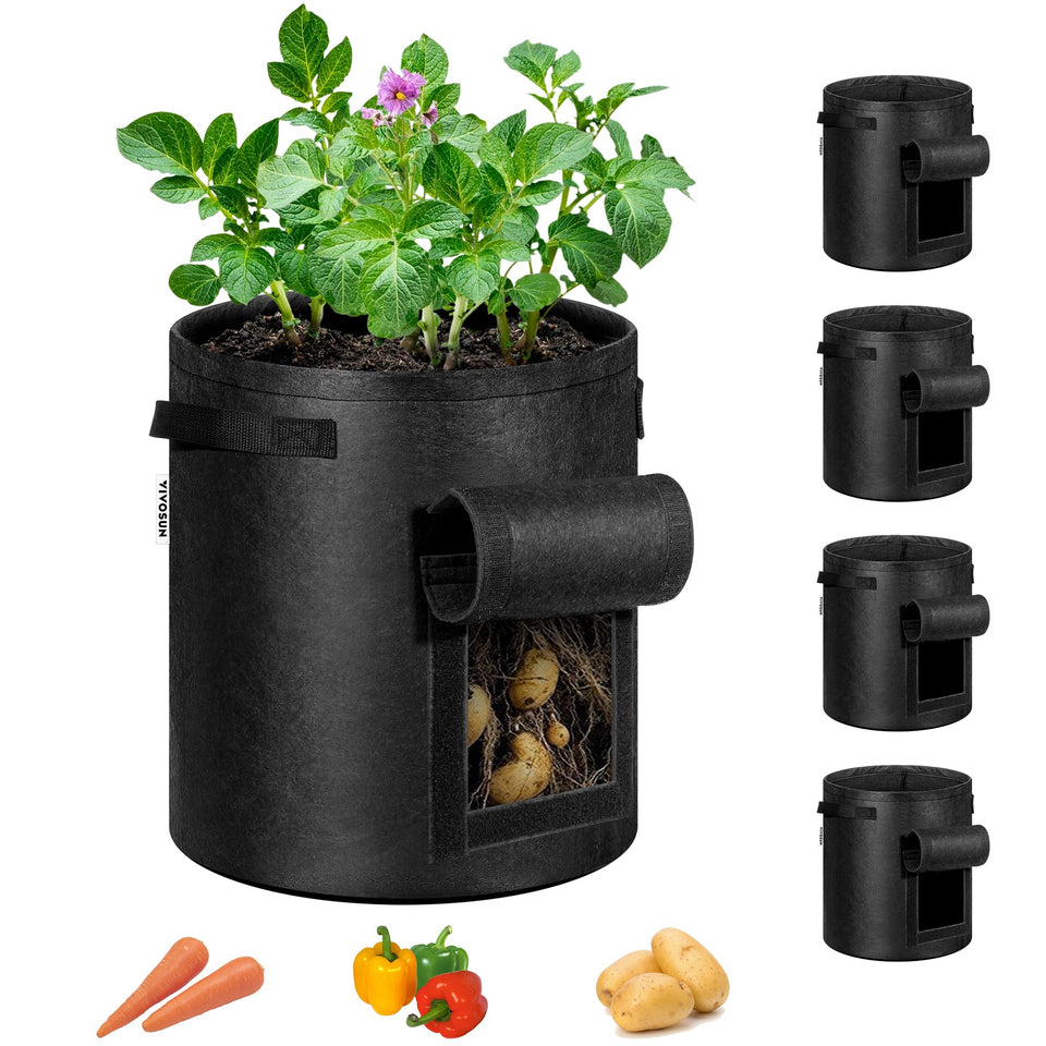 VIVOSUN 5-pack potato grow bags with handles for easy relocation.