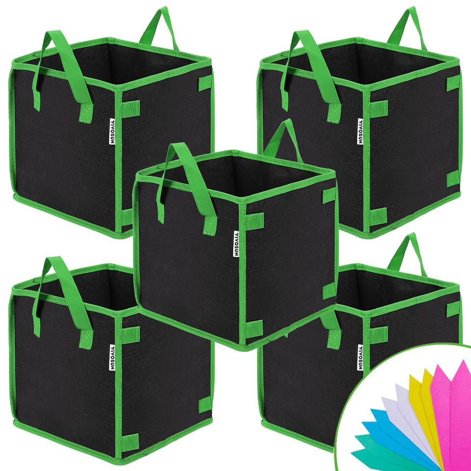 VIVOSUN 5-pack 10-gallon square grow bags enabling space-saving gardening in tight spaces.