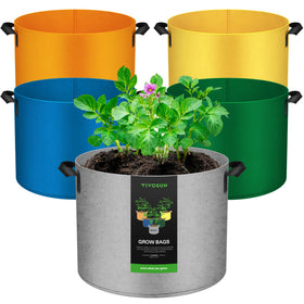 VIVOSUN 5-pack 10-gallon yellow grow bag for bright garden organization and drainage.