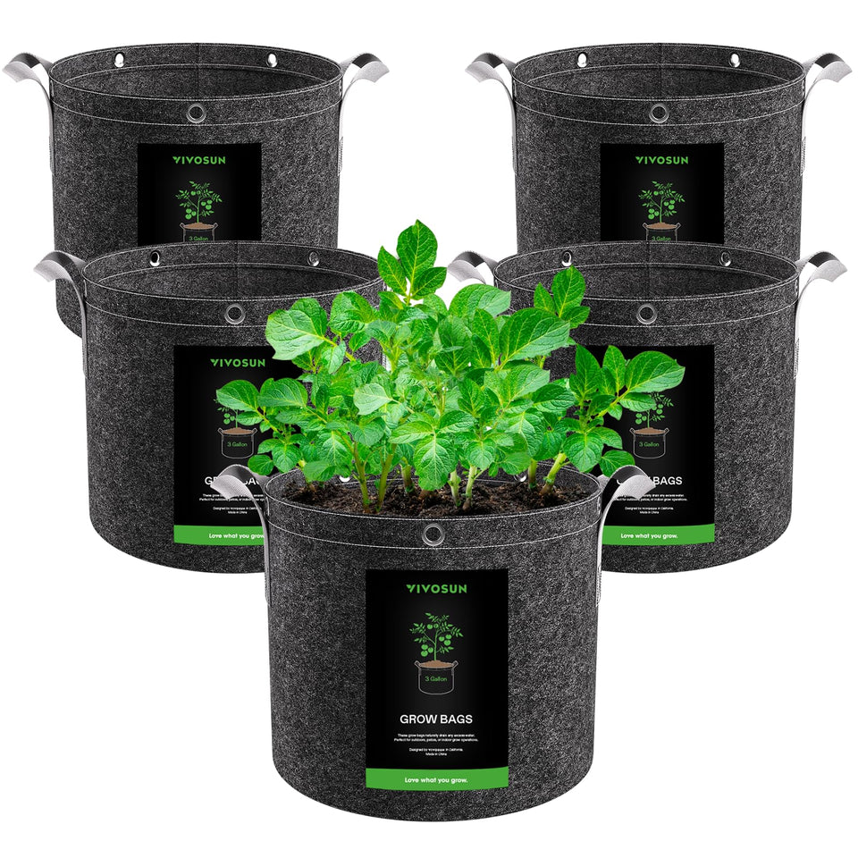 VIVOSUN 5-pack 3 gallon grow bags with flat base for stable filling.