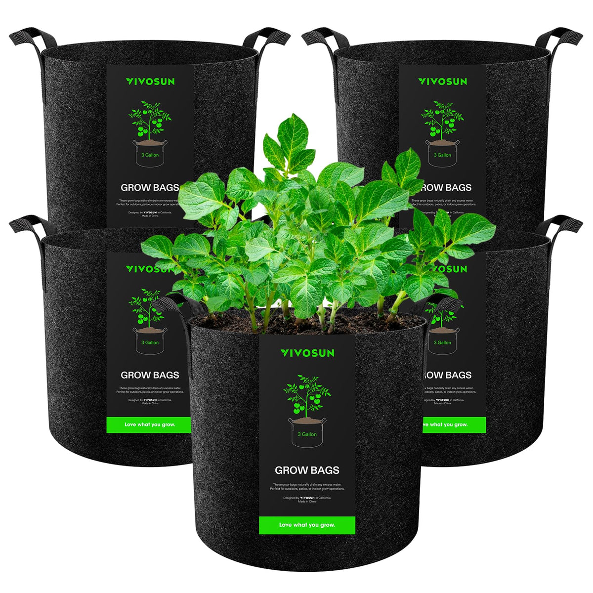VIVOSUN 5-pack 3-gallon grow bags ready for flexible planting and easy handling.
