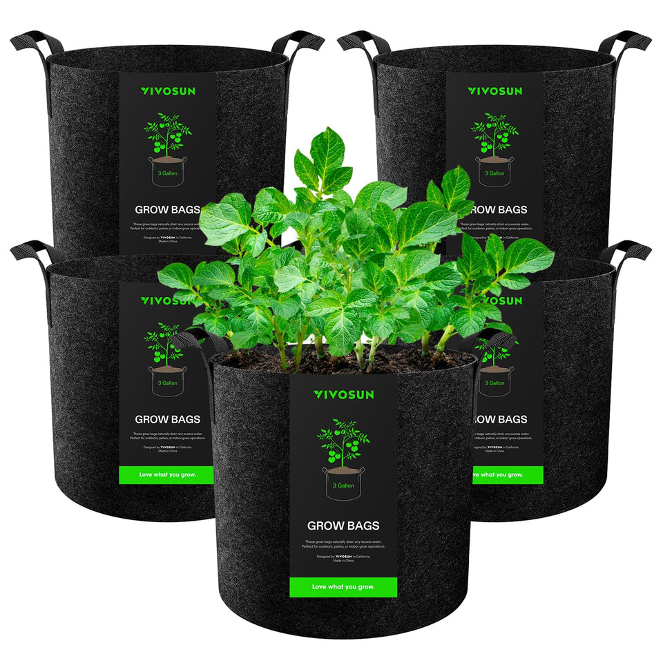 VIVOSUN 5-pack 3-gallon grow bags ready for flexible planting and easy handling.