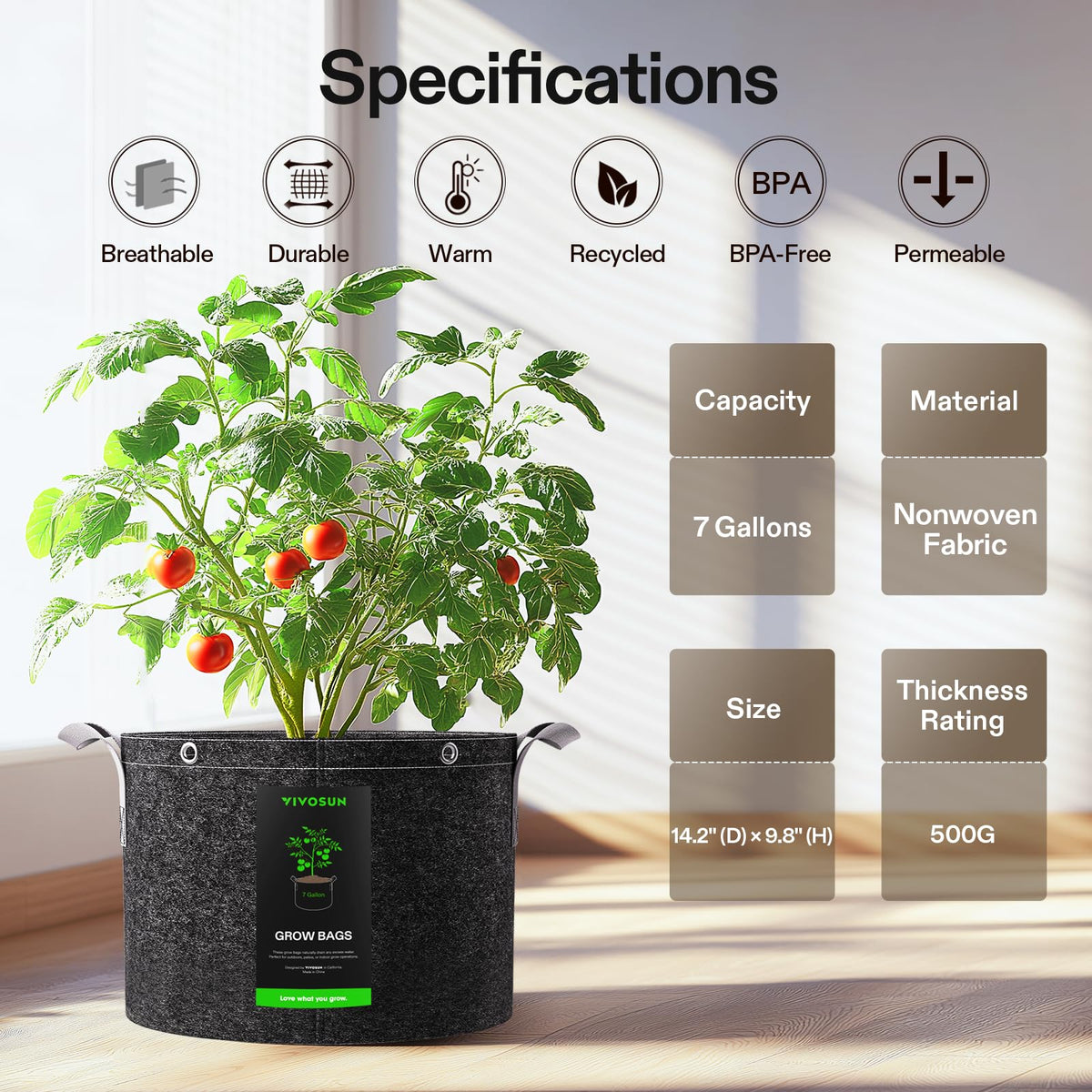 VIVOSUN 7-gallon grow bag suitable for fruits, vegetables, and flowers.