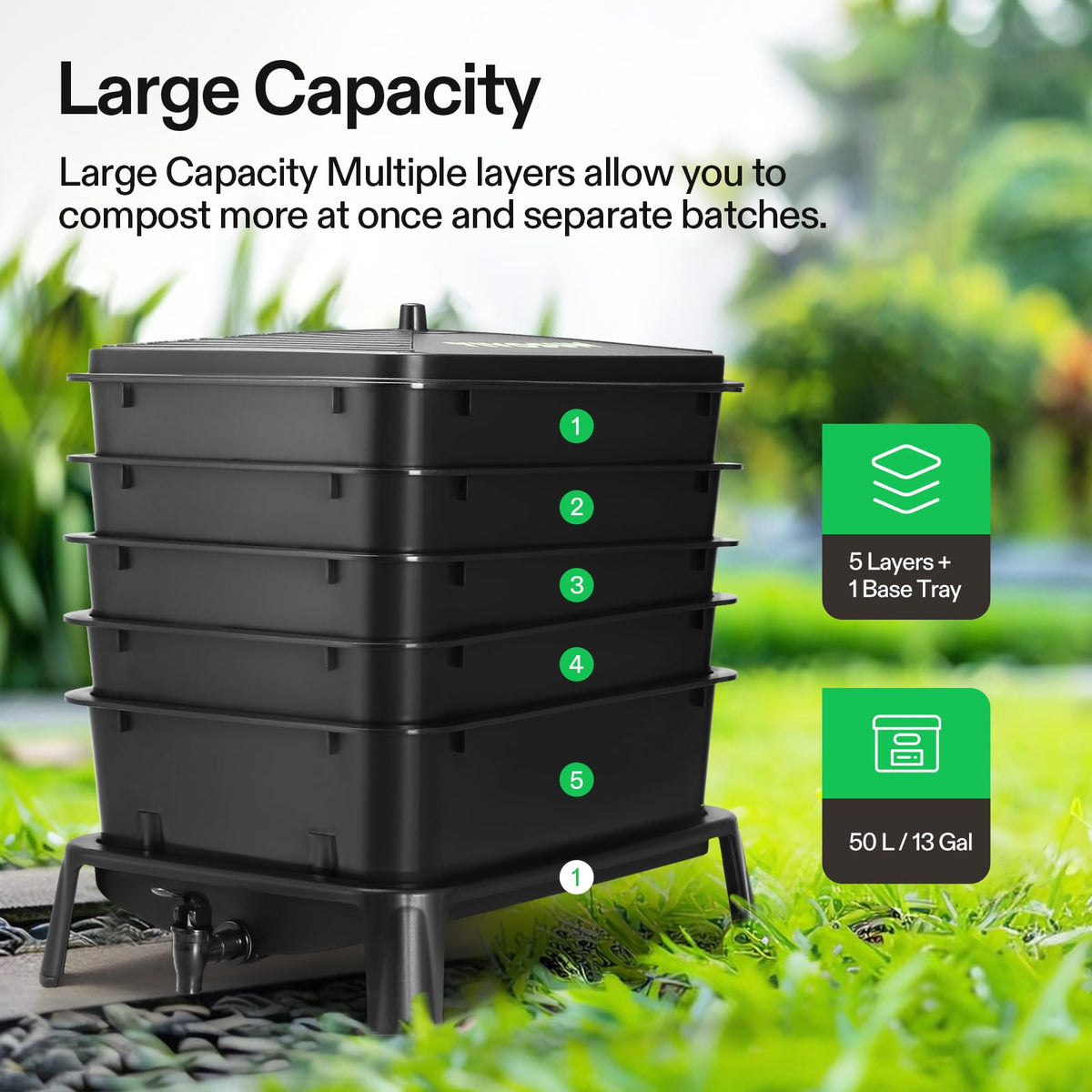 VIVOSUN 50L worm bin capacity highlights a generous compost yield