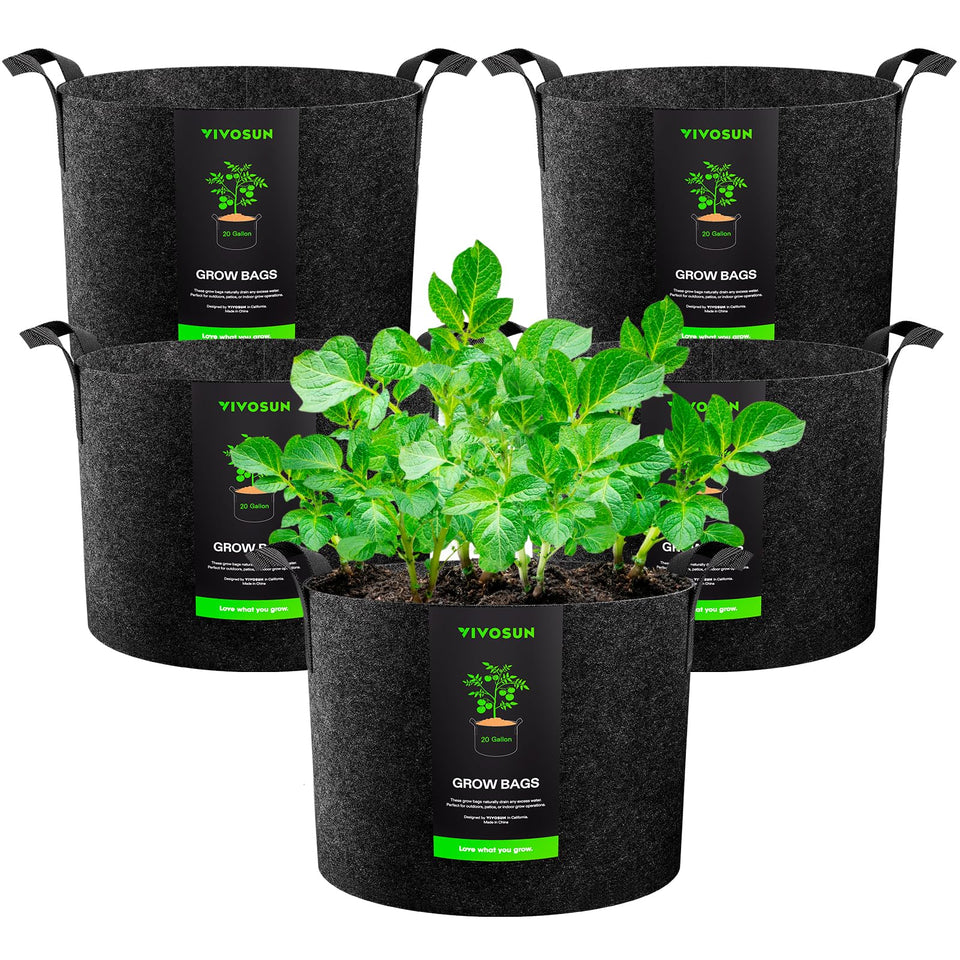 VIVOSUN 20-gallon grow bags show sturdy fabric and handles for easy transport.