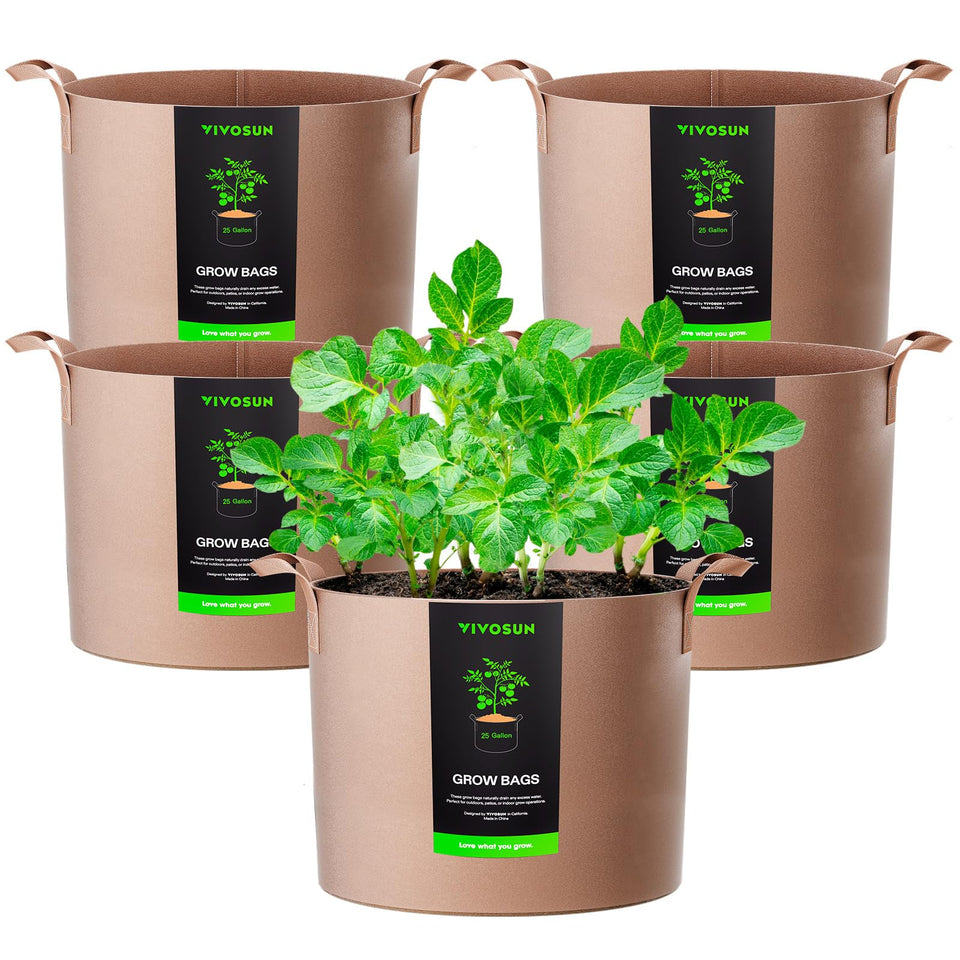 VIVOSUN 5-pack grow bags with thickened fabric and sturdy handles for easy transport.