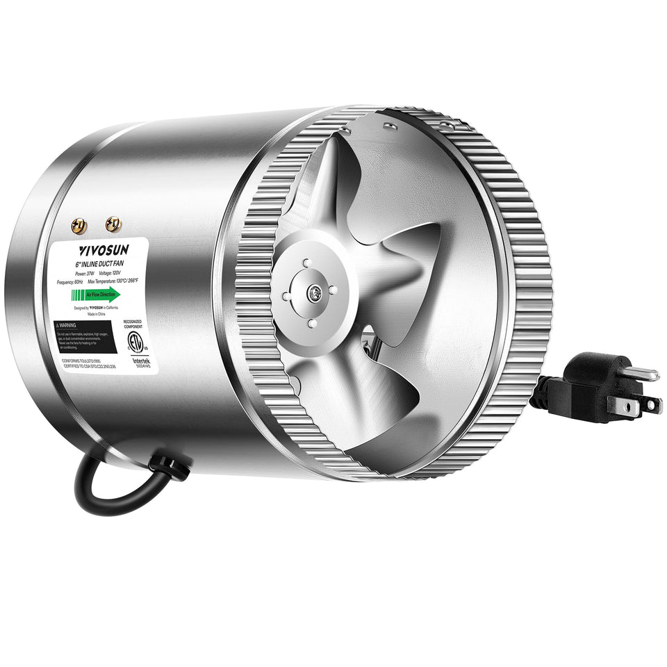 VIVOSUN 6 Inch Inline Duct Fan front view showing compact, space-saving design for tight installations