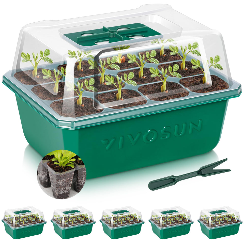 VIVOSUN 72-cell seed starter trays for organized, space-saving germination.