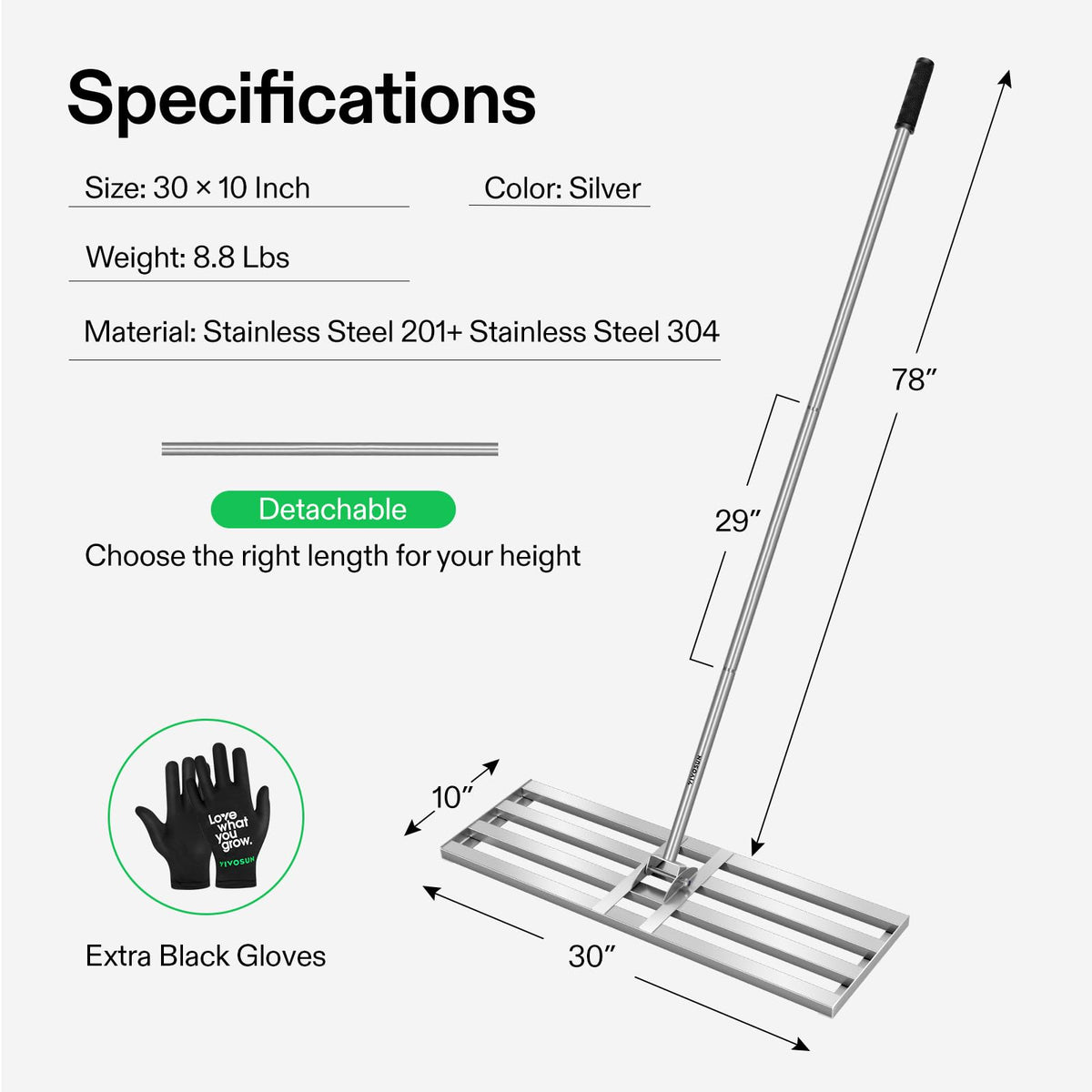 VIVOSUN 78-inch adjustable handle enables comfortable reach during lawn leveling.
