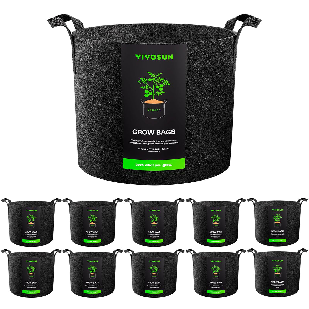 VIVOSUN 7-gallon grow bag pack in garden setup showing breathable fabric for healthy root growth
