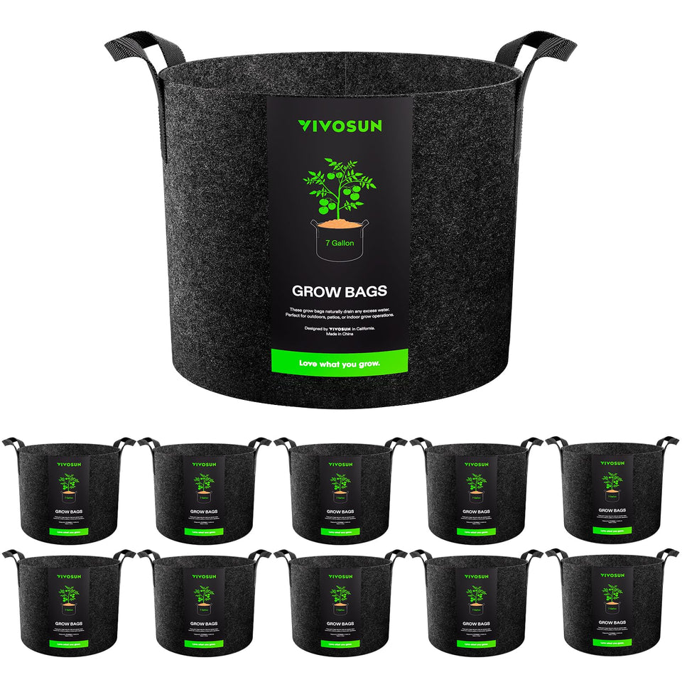 VIVOSUN 7-gallon grow bag pack in garden setup showing breathable fabric for healthy root growth