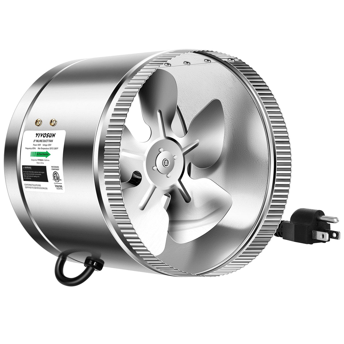 VIVOSUN 8-inch duct fan front view showing compact design for tight spaces and strong airflow