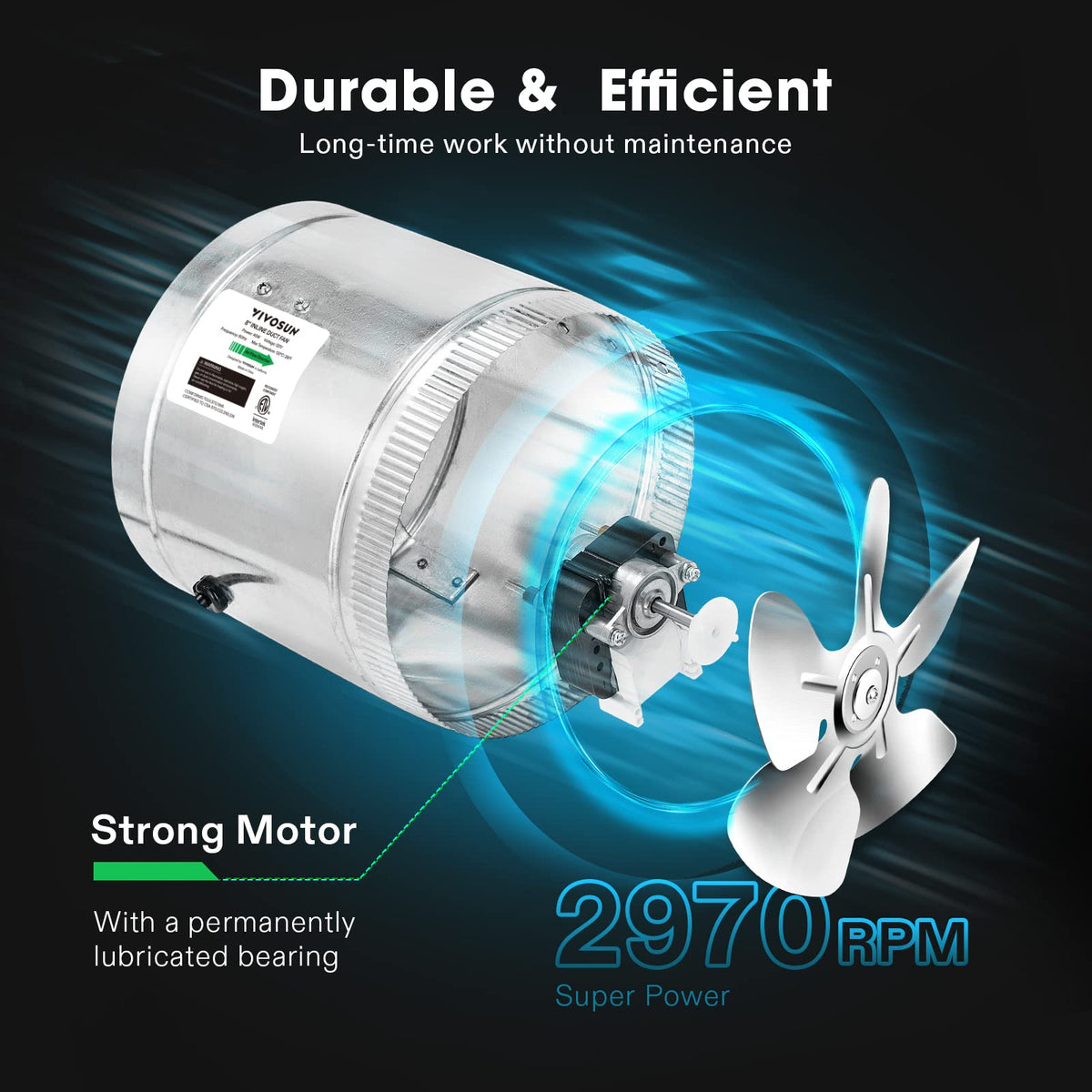 VIVOSUN 8-inch duct fan side view highlighting slim profile for easy mounting