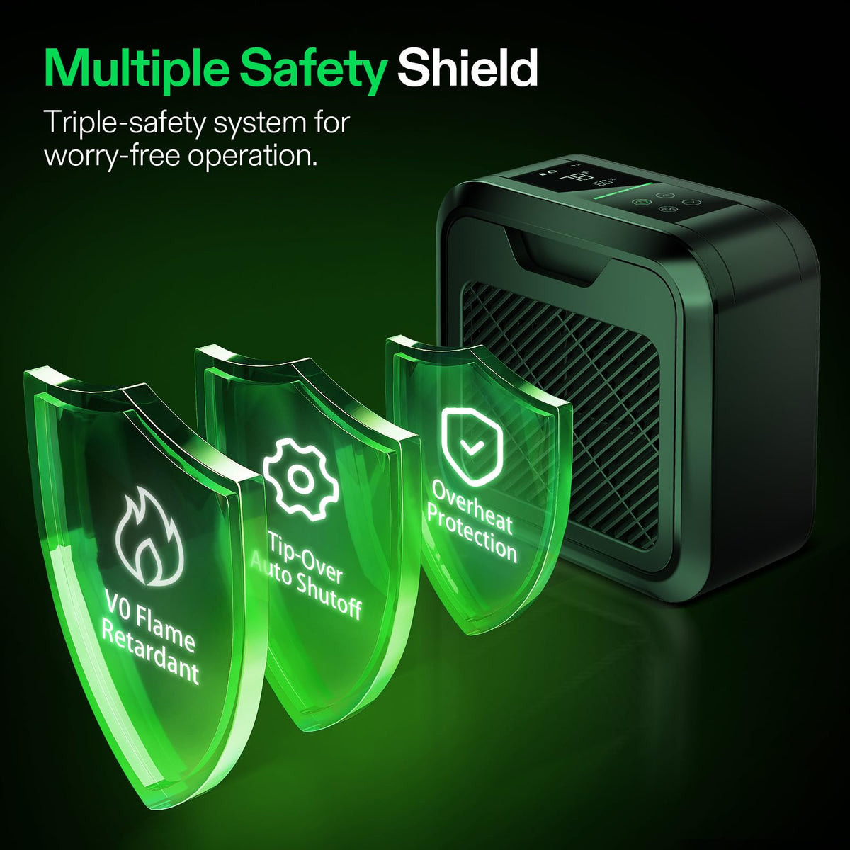 VIVOSUN AeroFlux heater with V0-rated casing and tip-over protection.