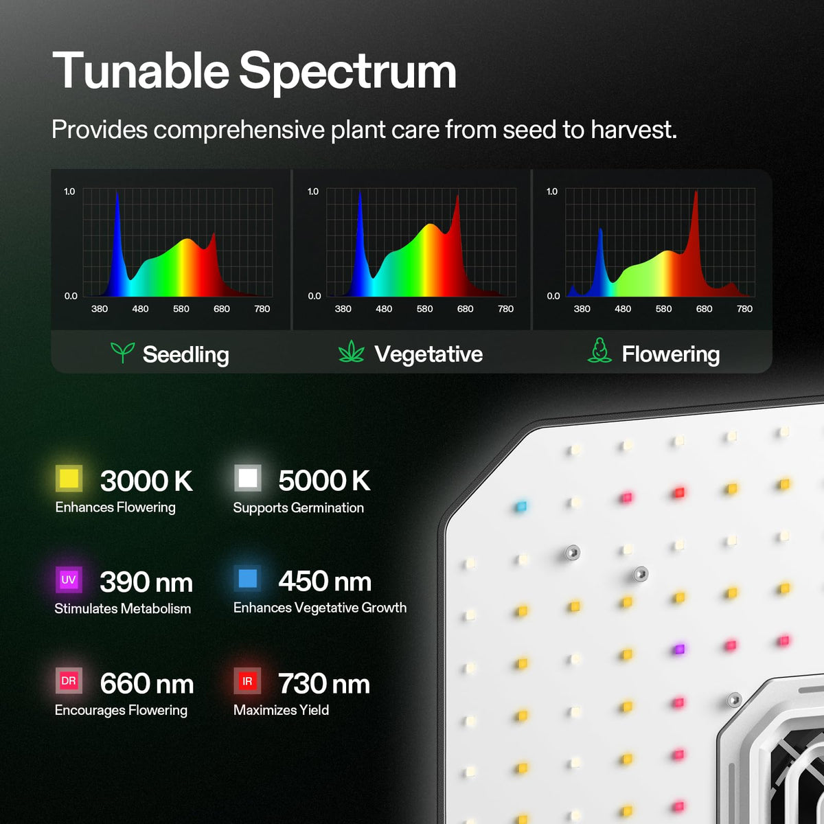 VIVOSUN AeroLight A100 LED array displaying full spectrum coverage