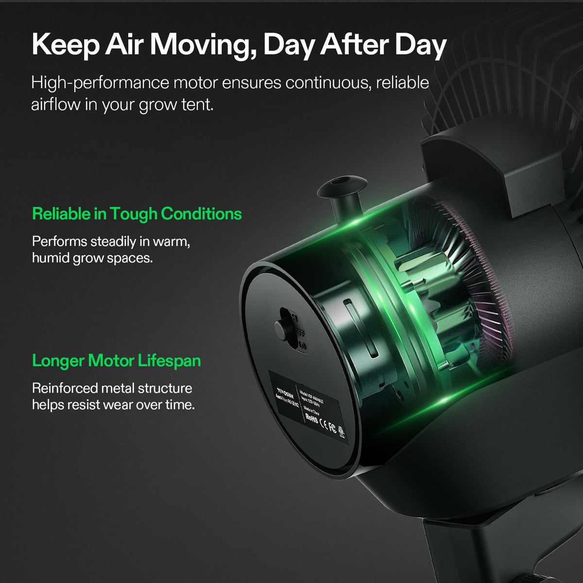 VIVOSUN AeroWave A6 low-noise motor for quiet operation in grow tents.