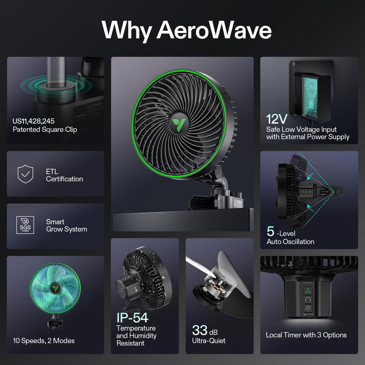 VIVOSUN AeroWave E6 Gen2 clip fan 5-level oscillation for varied coverage