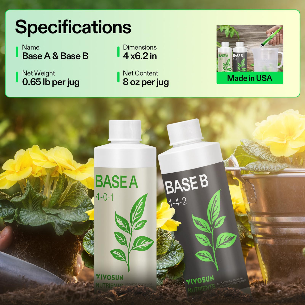 VIVOSUN Base A and B labeling highlights balanced macro and micronutrients.
