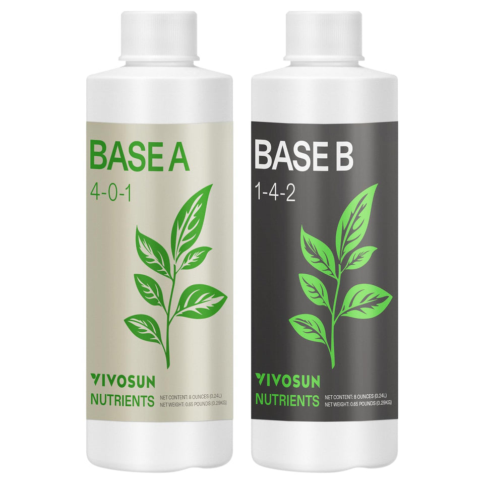 VIVOSUN Base A and B bottles close-up showing two-part system for all growth stages.