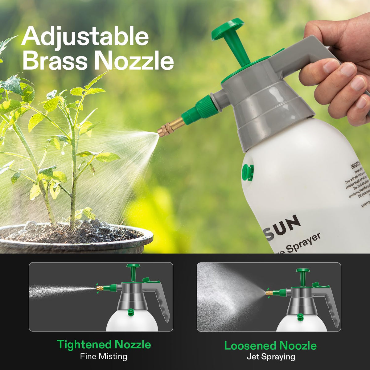 Brass adjustable nozzle on VIVOSUN sprayer for jet or mist