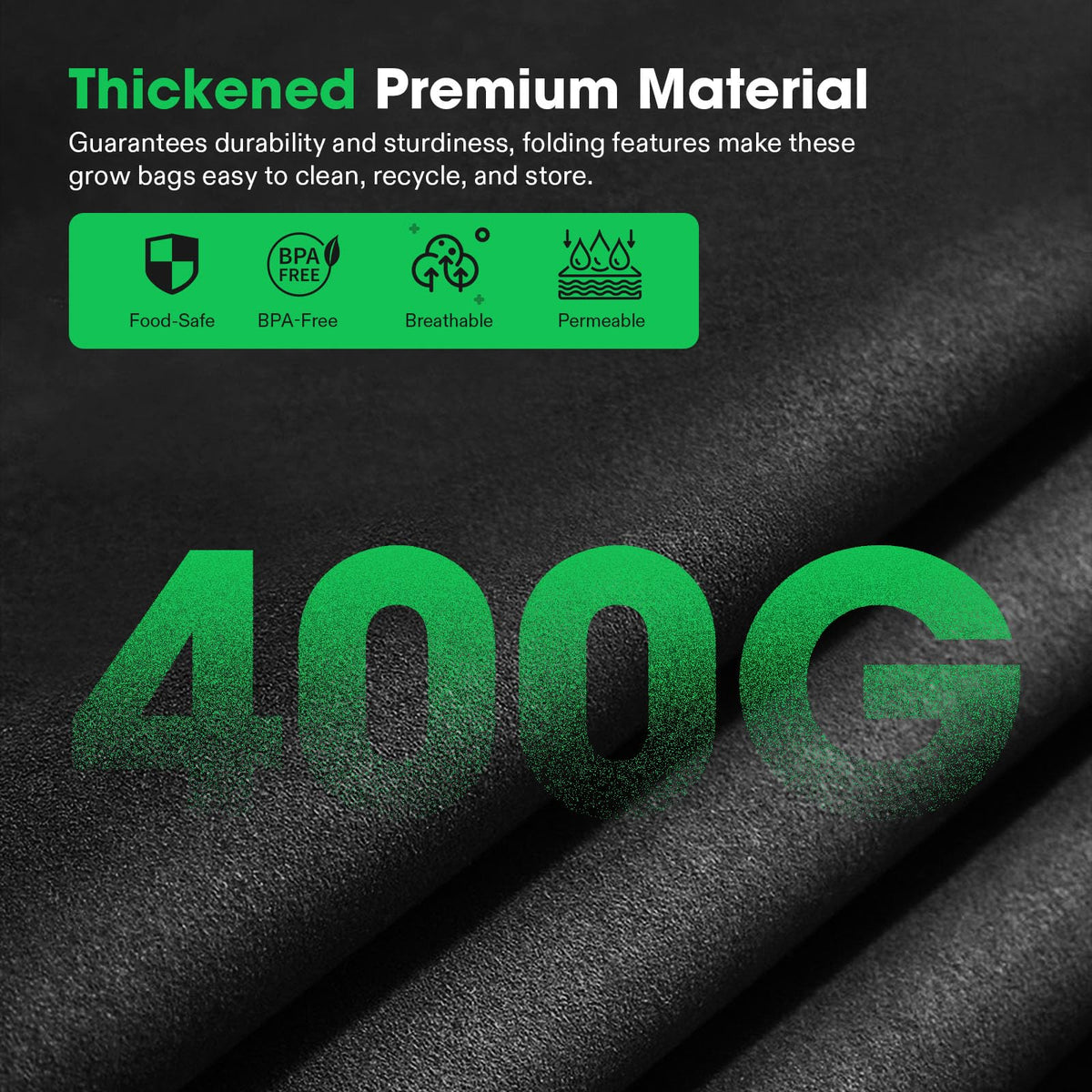 Breathable fabric close-up showing air pruning and heat dissipation benefits on the VIVOSUN bag.